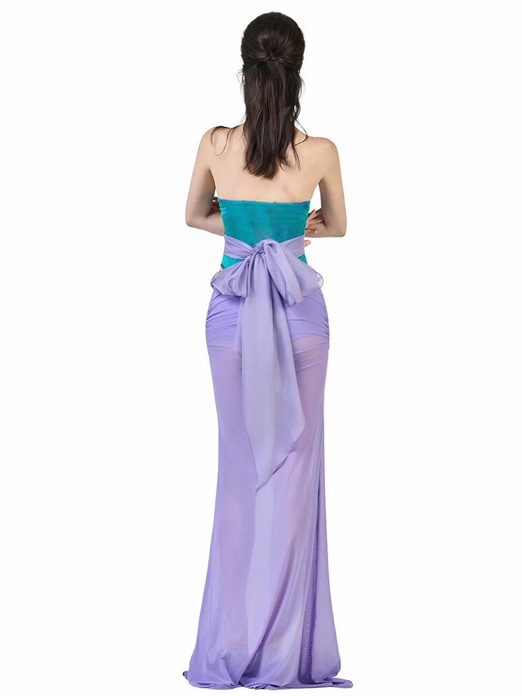 Kliou Elegant Style 2 Piece Set Woman Sexy Wrap Chest Mesh Tassel Decoration Tank Tops+Elastic Waist Long Skirts Fashion Outfits