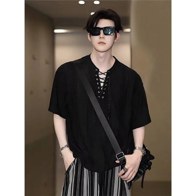 Men's Hollow Out Lace-Up Short Sleeve Shirt 2025 New Streetwear Harajuku Fashion Casual Loose Black Top Ins Style Y2K Trendy Tee