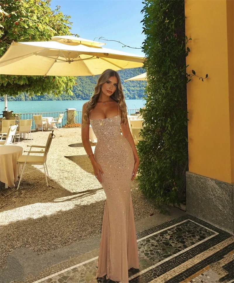 

Luxury Crystals Beige Black Women Prom Dress Sexy Stripe Sleeveless Lace Up Back Long Party Gown Formal Evening Birthday Robe