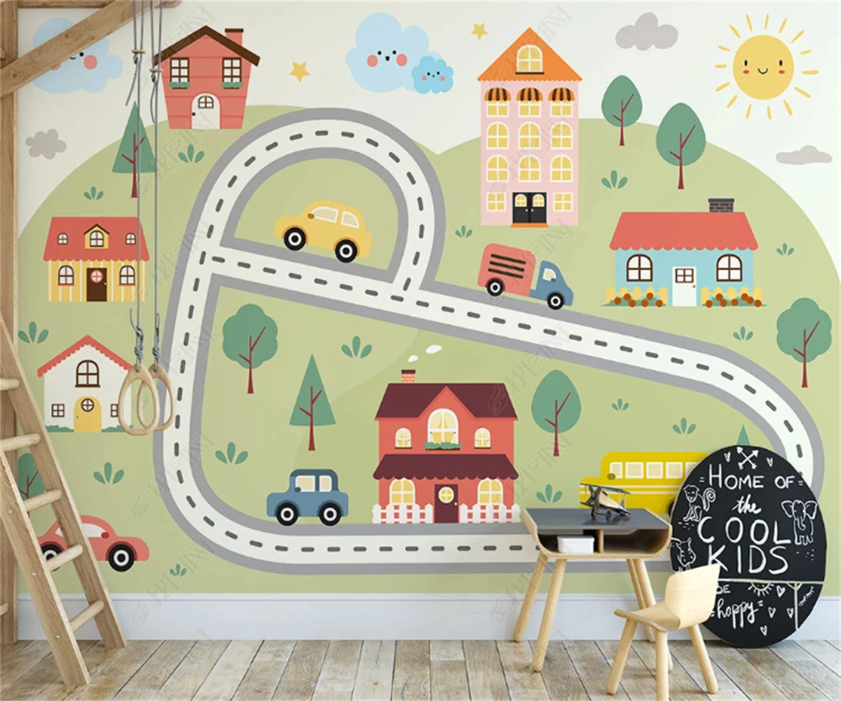 beibehang Customized wall paper modern Nordic dinosaur cartoon car road children's room bedroom background wallpaper