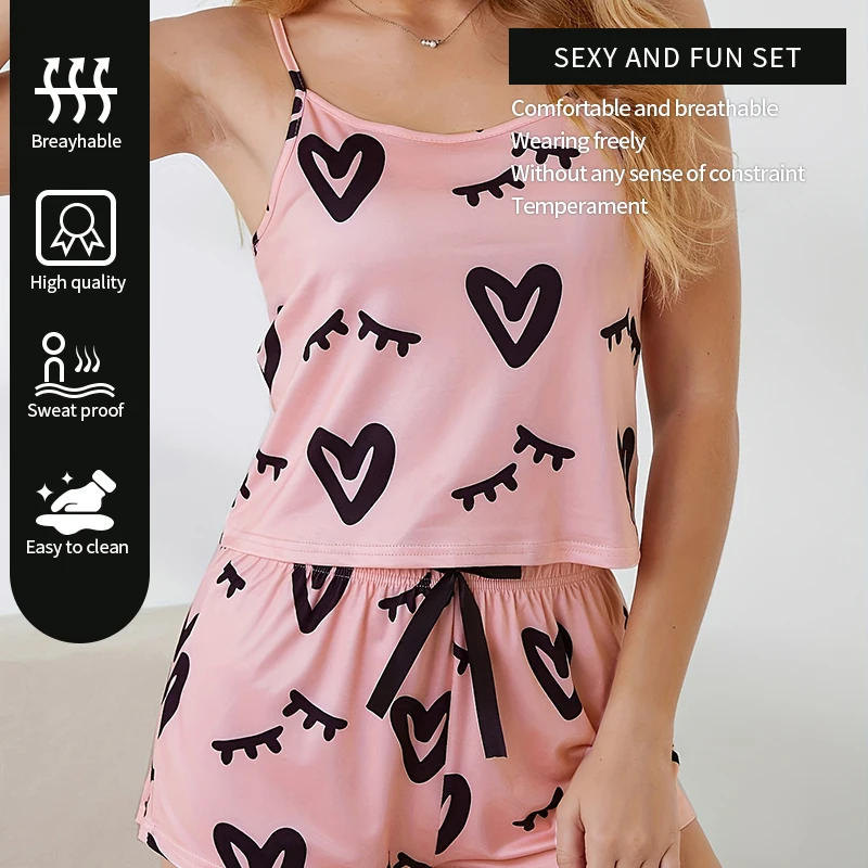 Summer Hot Selling Pink Print Pattern U-Neck Suspender Sleeveless Top and Bow Decorative Shorts Women\'s Sexy Pajamas Home Set