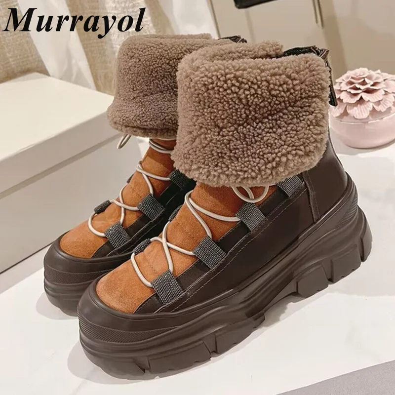 

Round Toe Cow Suede Thick Bottom Snow Boots Women String Bead Decor Lace Up Flip Fur Ankle Botas Winter Wool Lining Short Boots