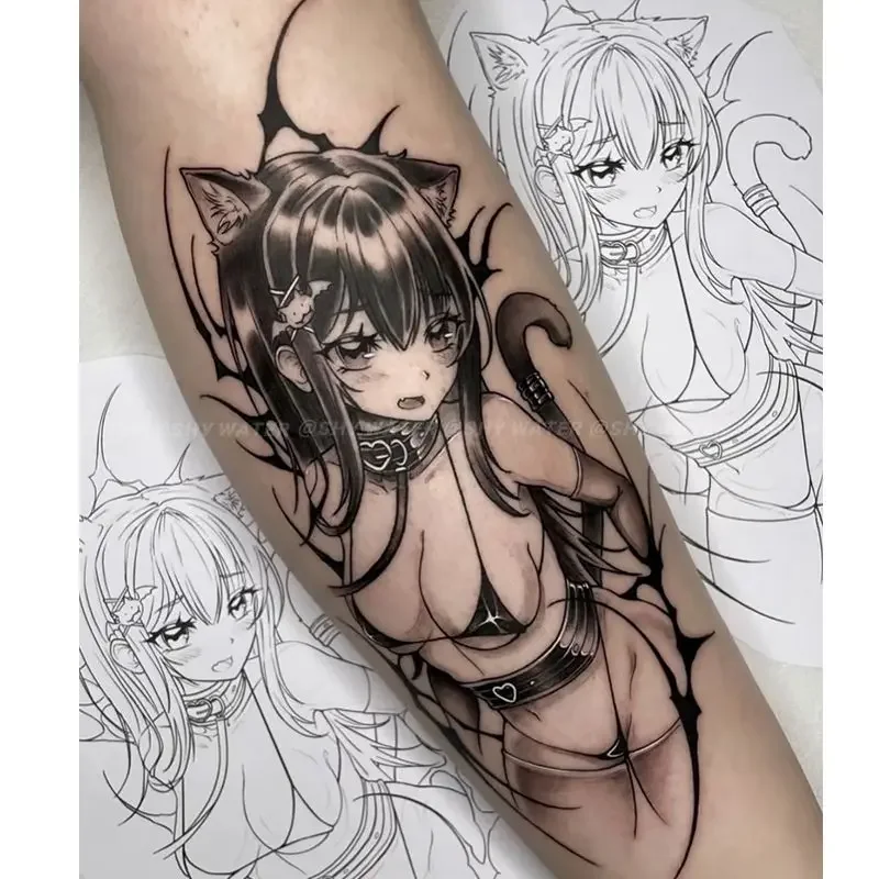 

Sexy Charming Cat Girl Herbal Juice Temporary Tattoos Cartoon Waterproof Fake Tattoo Sticker Durable Body Art Transfer Tattoo