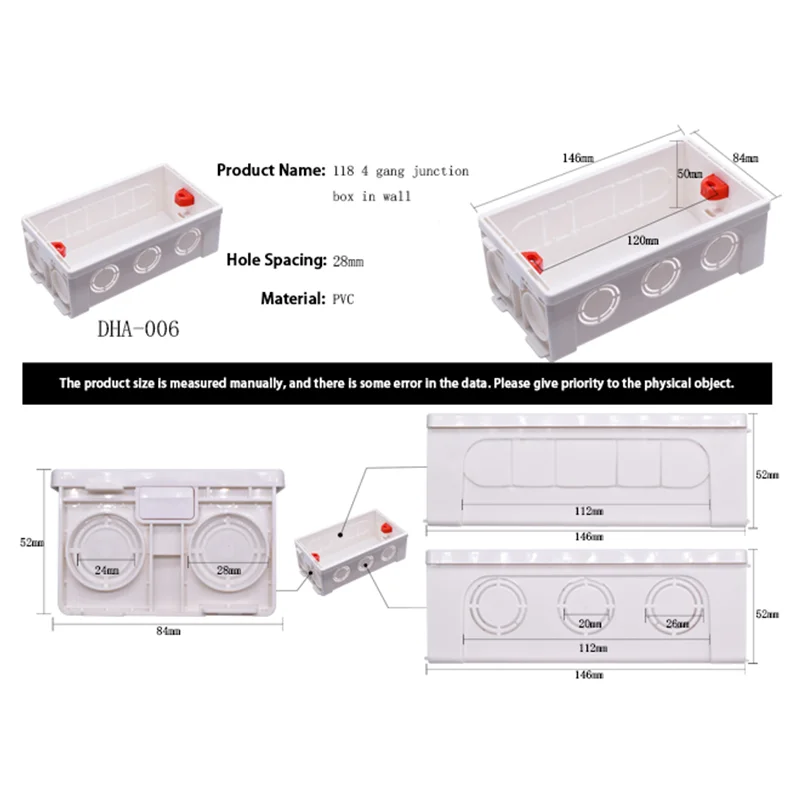 Niva junction Box White Stash dark Box 146mm x 84mm x 50mm for Wall Socket Recessed Plastic Box Switch Accessories