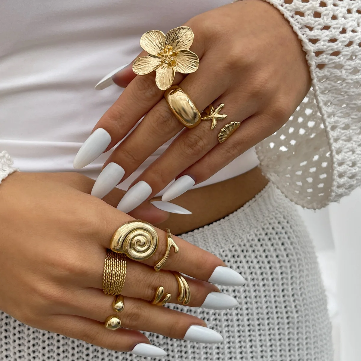 DIEZI One Set Vacation Beach Style Flower Starfish Knuckle Rings For Women Bohemian Vintage Gold Silver Color Open Joint Ring image 2