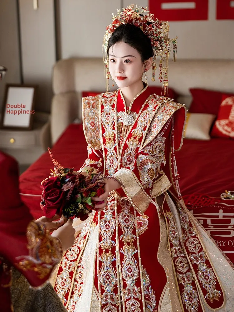 

New 2025 Ming Dynas Sle Wedding Dr Heavy Work Phoenix Crown Bride Suit Autumn Winter Wedding Traditional Chi...