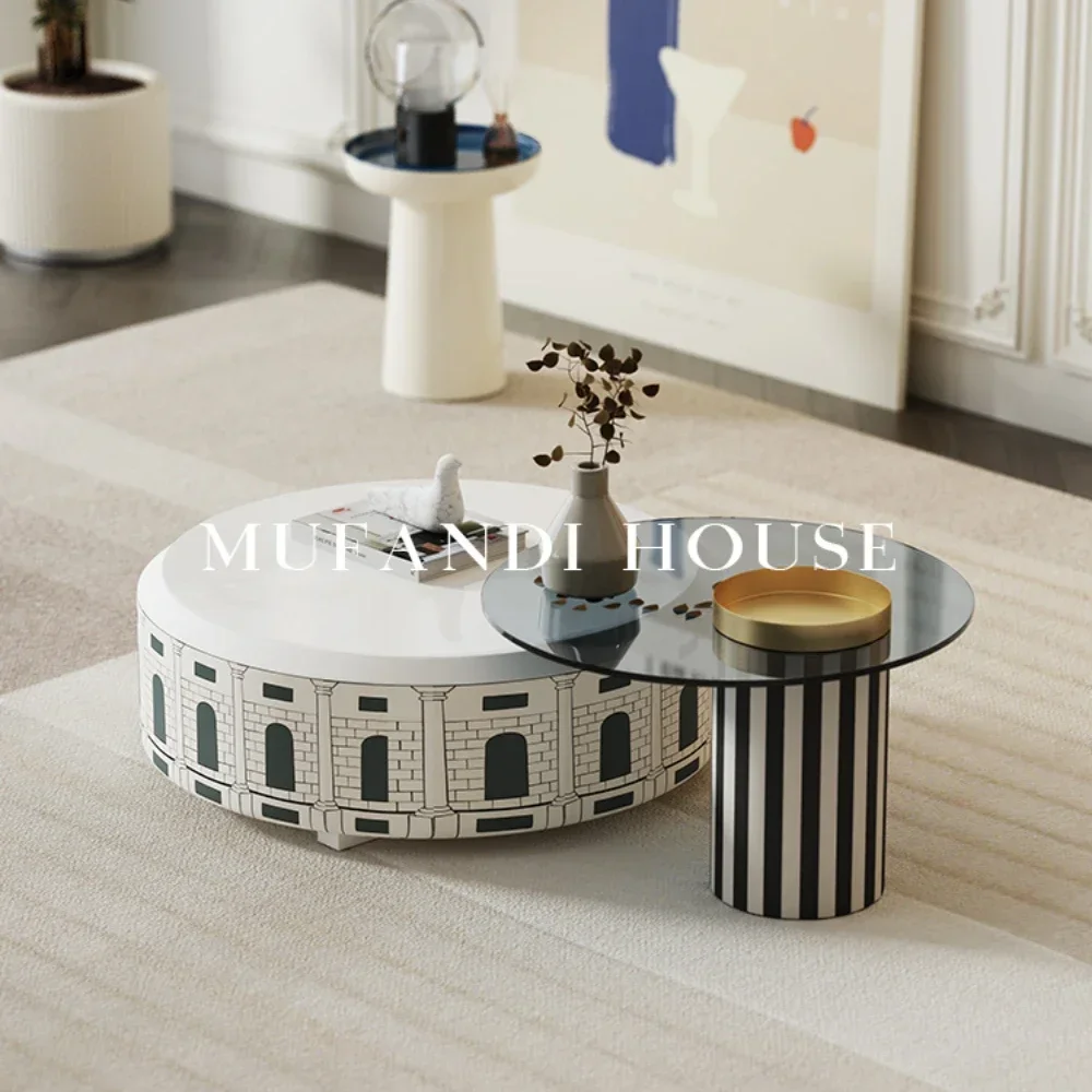 

Light Luxury Modern Living Room Home Hand Painting round Small Table Glass Side Table Combination