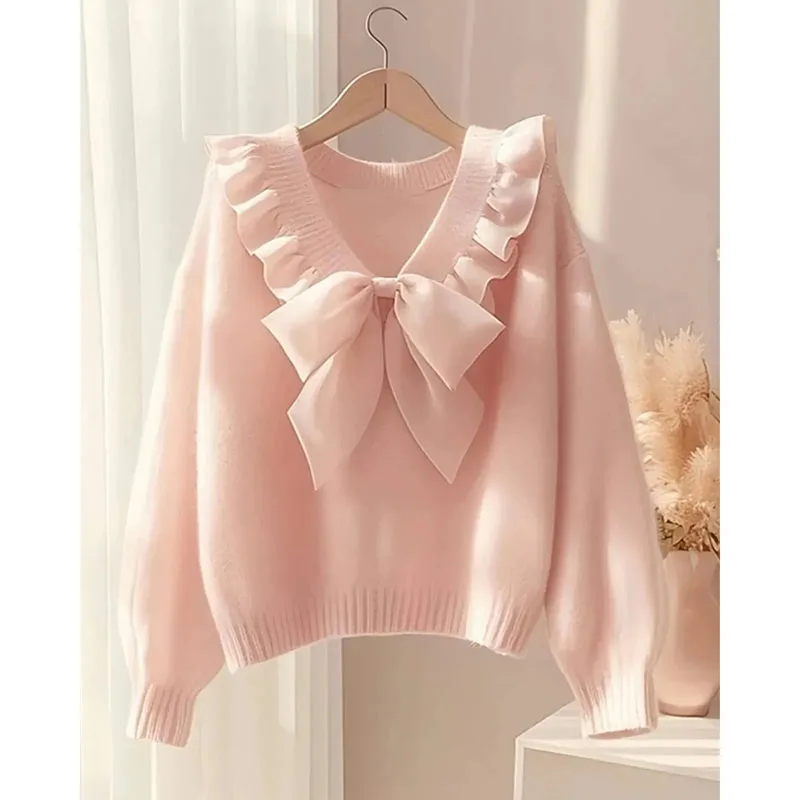 Pink Bow Knited Sweater Sweatshirt Unique Super Beautiful Long Sleeved Top 2025 Spring Autumn New Women Knitwear Pullover Shirt