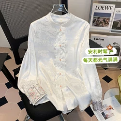 2024 Long Sleeve White Shirt Embroidered Stand-Up Collar New Women Tops Retro Blouse Camisas De Mujer