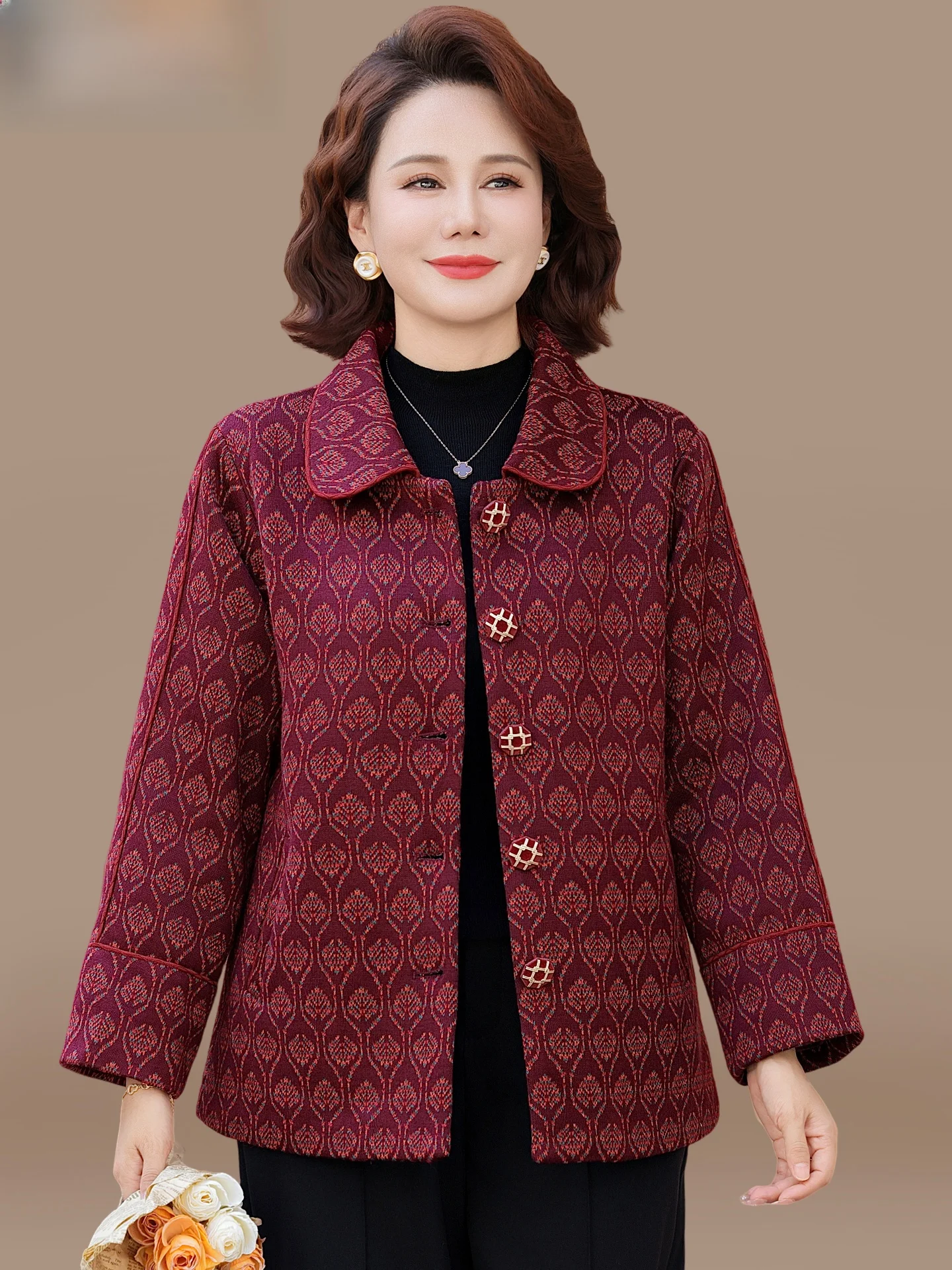 

Faionable Woolen Coat for Women over 50 Spring Autumn Wear Loose Sle Cardigan Polyester Fiber Regular Sve Length