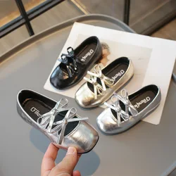 Prinzessin-Schuhe für Mädchen, neue 2024, modische Doppel-Bowknot-Chic-Kinder-Mary-Jane-Schuhe, Gold-Silber, quadratische Zehen, elegante Kinder-Wohnungen