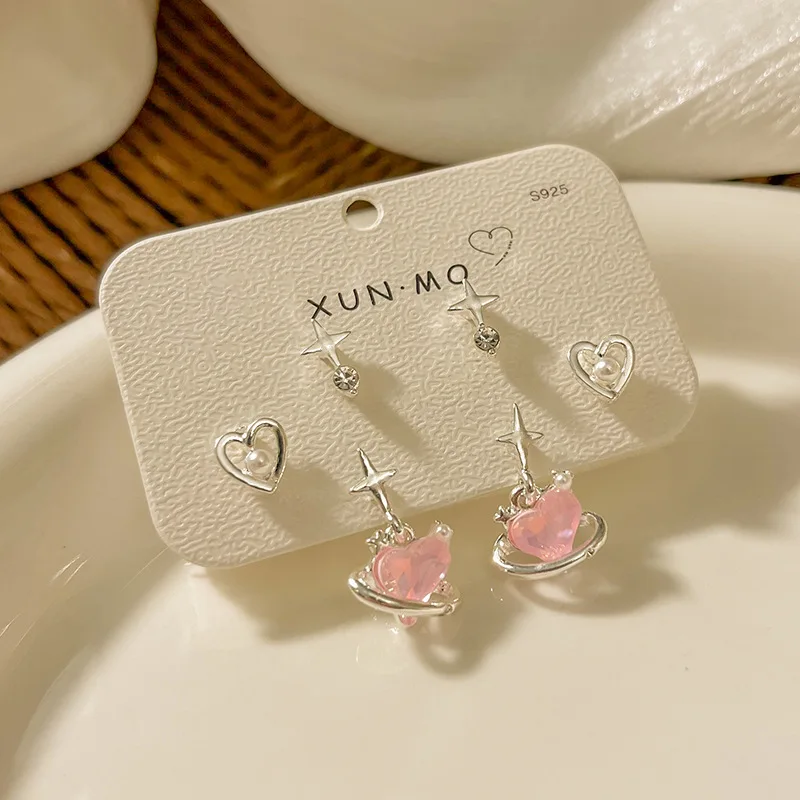 KADRUFI Sweet Pink y2k Star Heart Pendant Stud Earrings Set for Women Korean Fashion Shiny Rhinestone Pearl Earring Jewelry