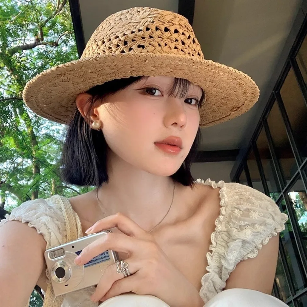 

Vintage Hollow Hollow Straw Hat Jazz Wide Brim Western Cowboy Hat Sunscreen Leather Buckle Visor Cap Hiking