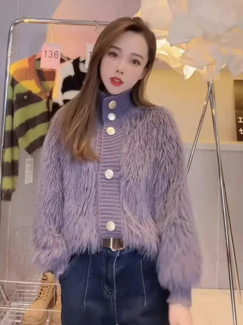 Fashion Furry Coat Women Mink Fur Knitted Loose Lantern Sleeve Sweater Cardigan Versatile College Style Autumn Winter Jacket w12