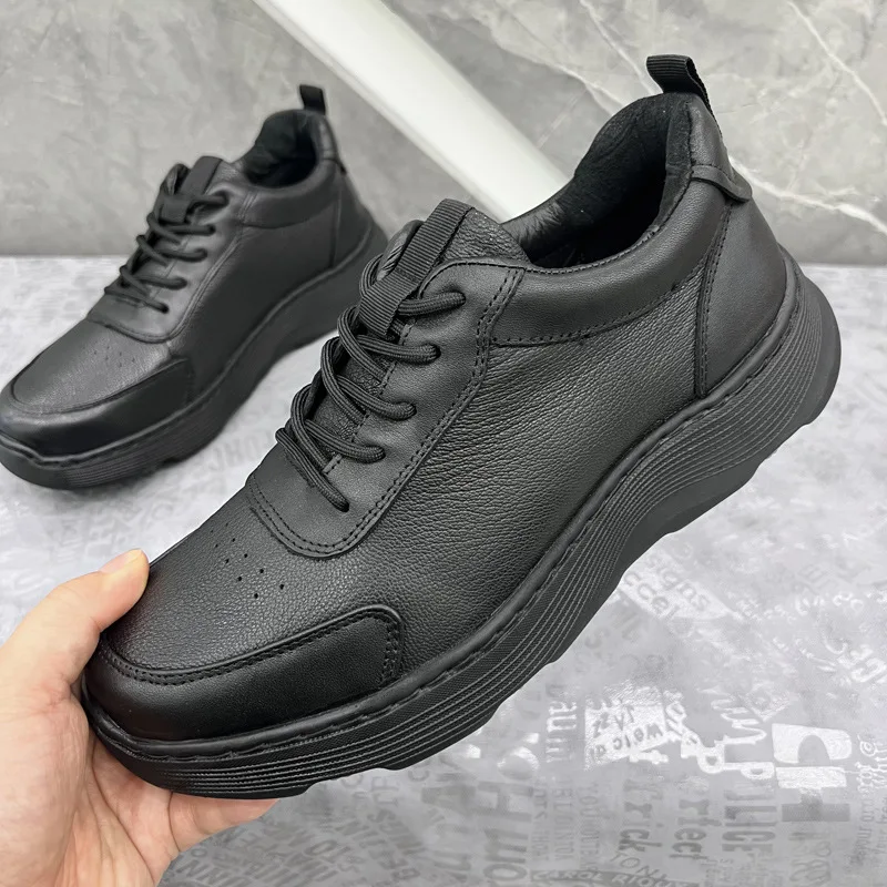 

Light bottom lace-up first layer cowhide breathable men's shoes sports and leisure thick sole round head casual shoes