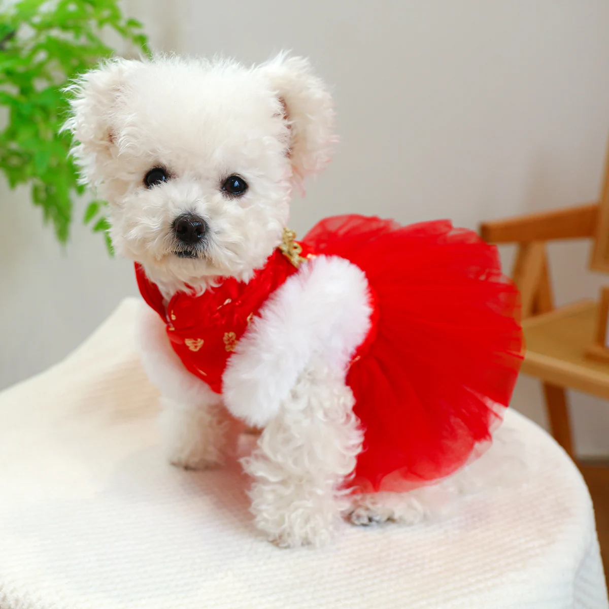 1PC Pet Apparel Cat Winter Plush Thickened Warm New Year Chinese Red Princess Dress With Drawstring Buckle For Small Medium Dogs