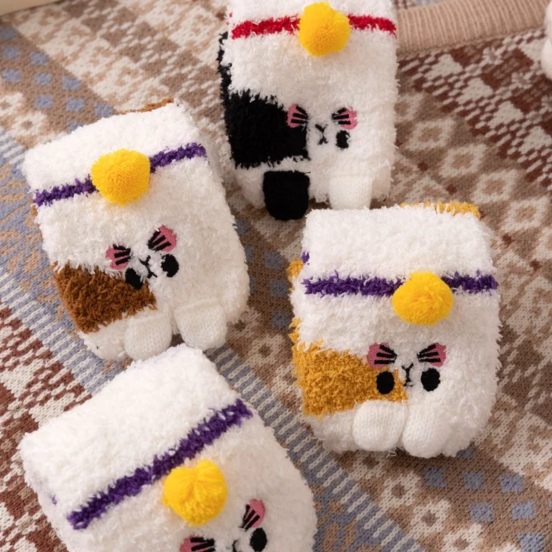 Autumn and Winter New Non-hair Ears Embroidery Fortune Cat Claws Sleep Children Warm Thick Socks