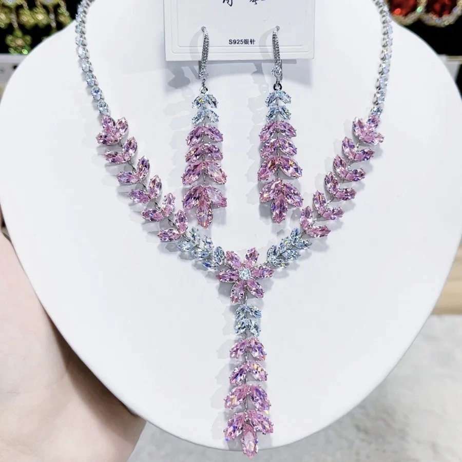 

Fashion Jewelry Set Sparkling Tassel Wheat Zircon Necklace Earrings Sets S925 Silver Post Wedding Party Jewellery Accessory