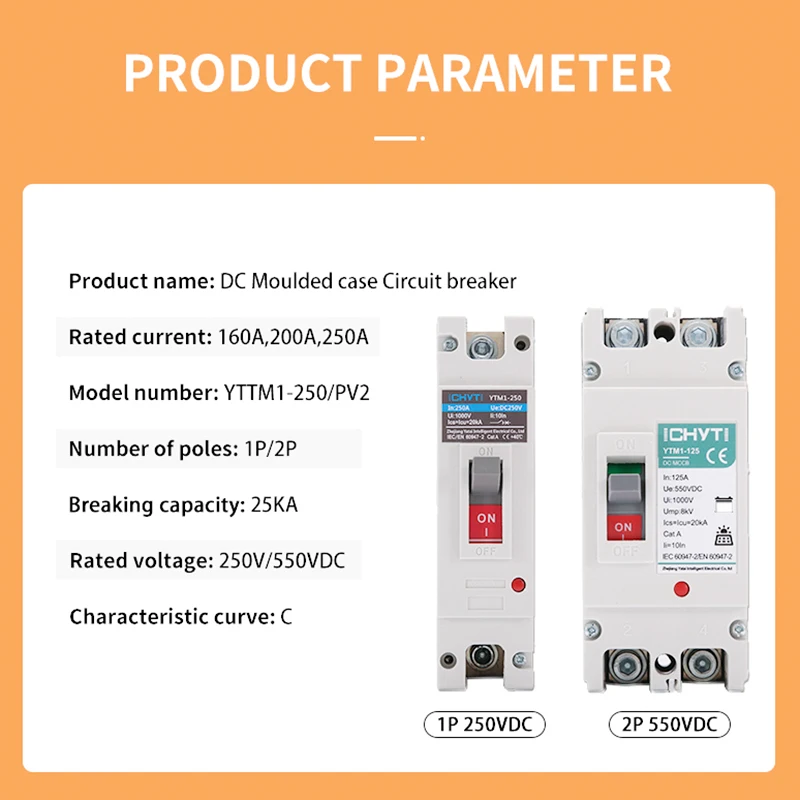 XIONGISolar Molded case circuit breaker 1P/2P 250V/550V DC YTM1-250 Overload Protection Switch Protector for Solar Photovoltaic