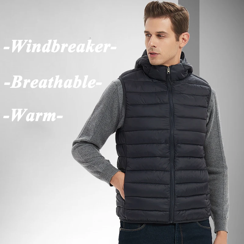 Winter Men Ultra Light Down Padded Vests Fashion Men Thermal Windbreaker Parkas Waistcoats Man Cotton Warm Hooded Vests Clothing