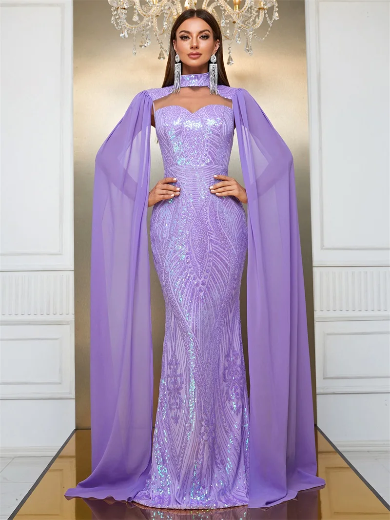 

Luxury Purple Cape Women Prom Dress Wraps Full Sleeves Long Party Robes Shiny Sequins Formal Mother Guest Dinner Evening Gown