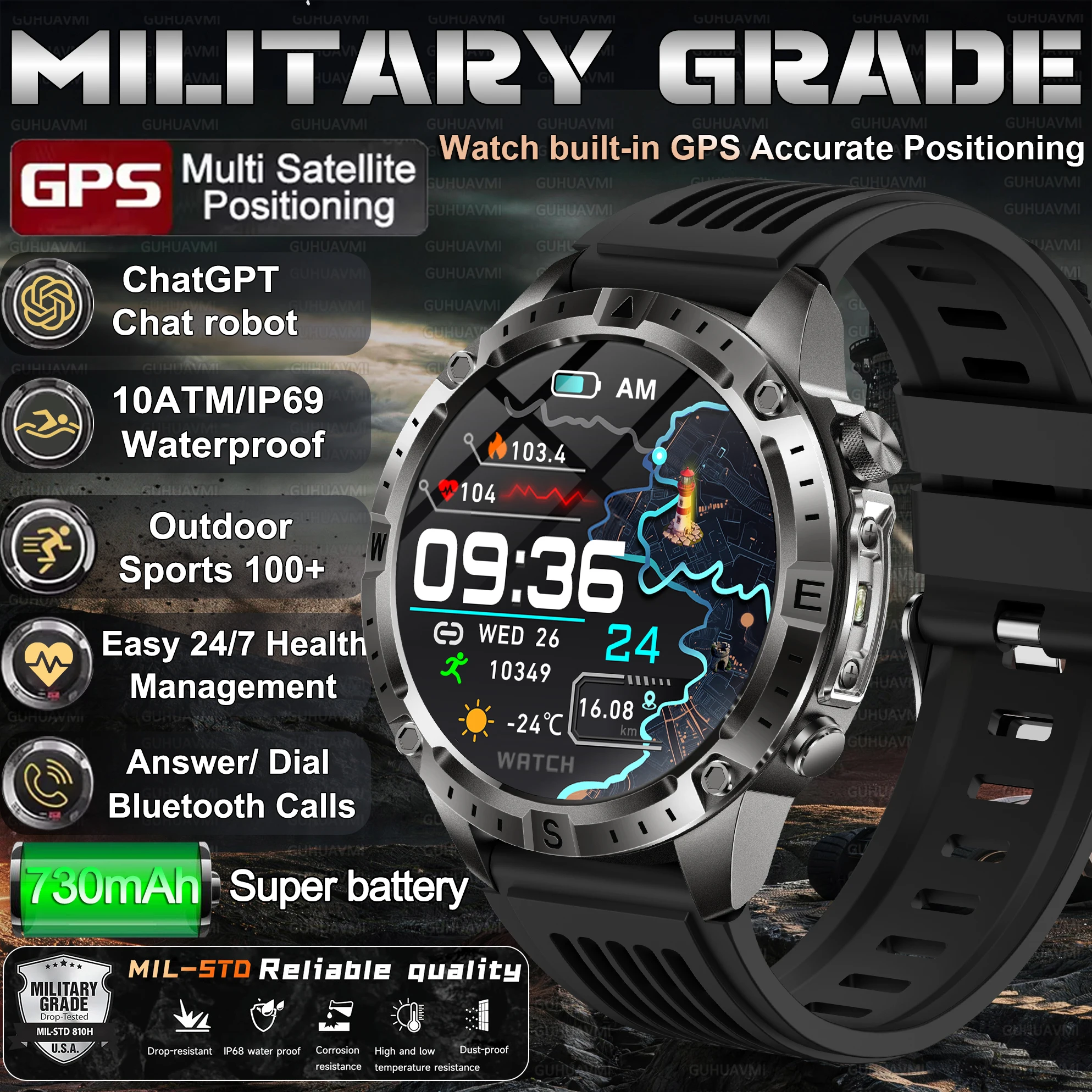 

Новые умные часы с GPS для мужчин: встроенный GPS-трекер, компас, альтиметр, водонепроницаемые, с поддержкой ChatGPT, для спорта и здоровья, с функцией Bluetooth-звонков.