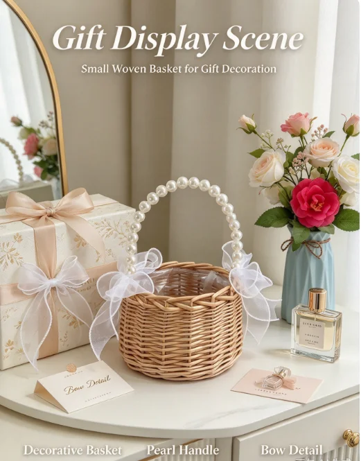 Mini Pearl Handle Princess Basket, Small Woven Gift Basket with White Bow for Wedding, Flower Girl and Ceremony Use