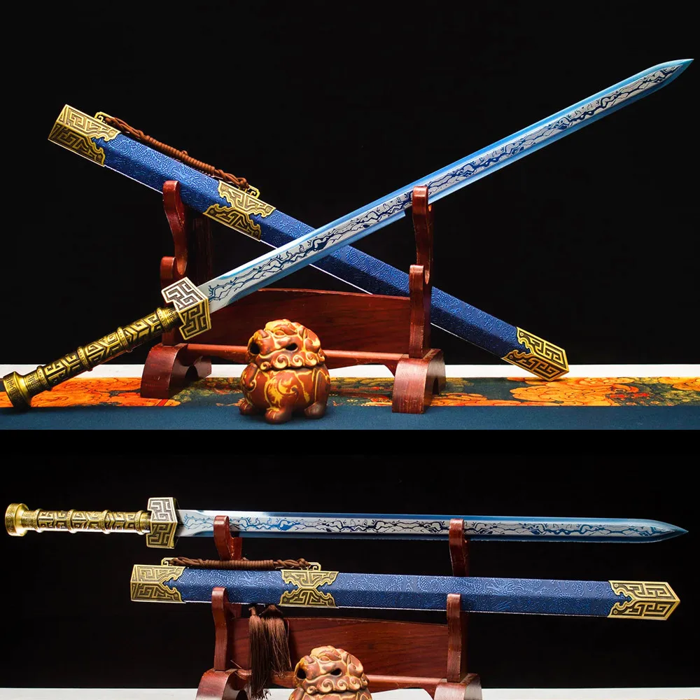 High Quality Sword Chinese KungFu Jian Hanjian Blue High Menganese Steel Blade Carved Alloy Handle Fittings Battle