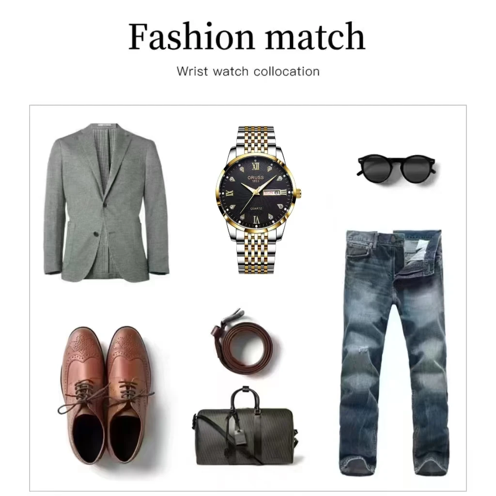 ORUSS оригинальные мужские часы из нержавеющей стали с двойным календарем, водонепроницаемые светящиеся роскошные золотые часы, модные кварцевые мужские наручные часы, новый бренд