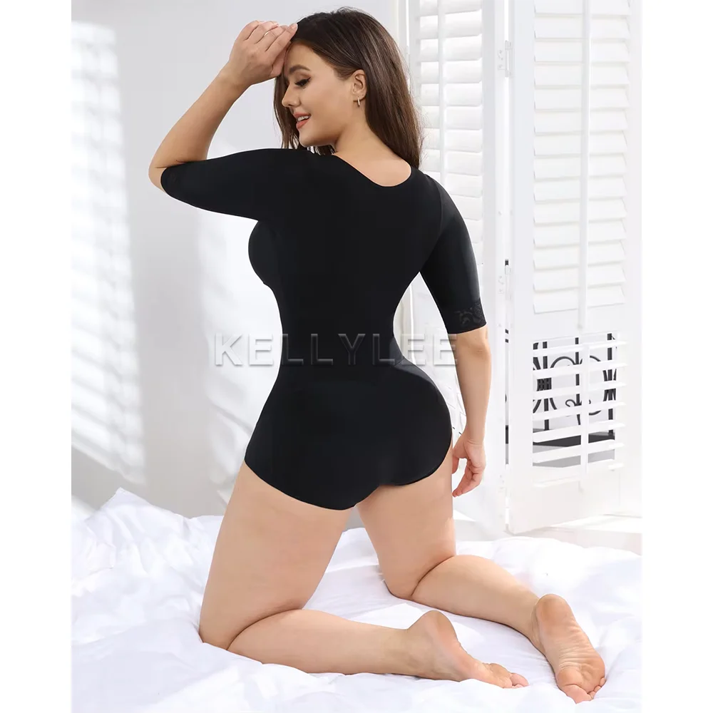 Fat Burning Women\'s Shapewear with Hook Eyes Seamless Closure Breast Support Tummy Control Long Sleeve Triangle Faja Bodyshaper