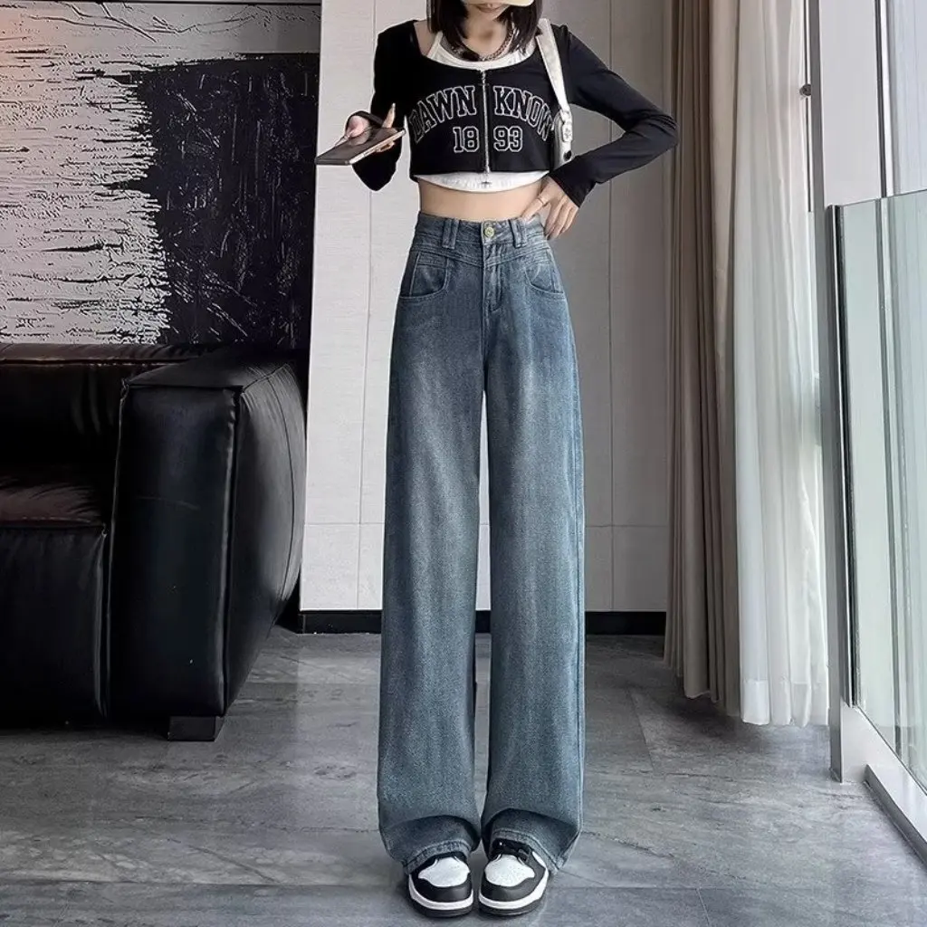 

Женские потертые джинсы с узором звездного неба, прямые свободные длинные брюки с высокой талией, большие размеры, пухлые осенне-зимние утягивающие широкие брюки