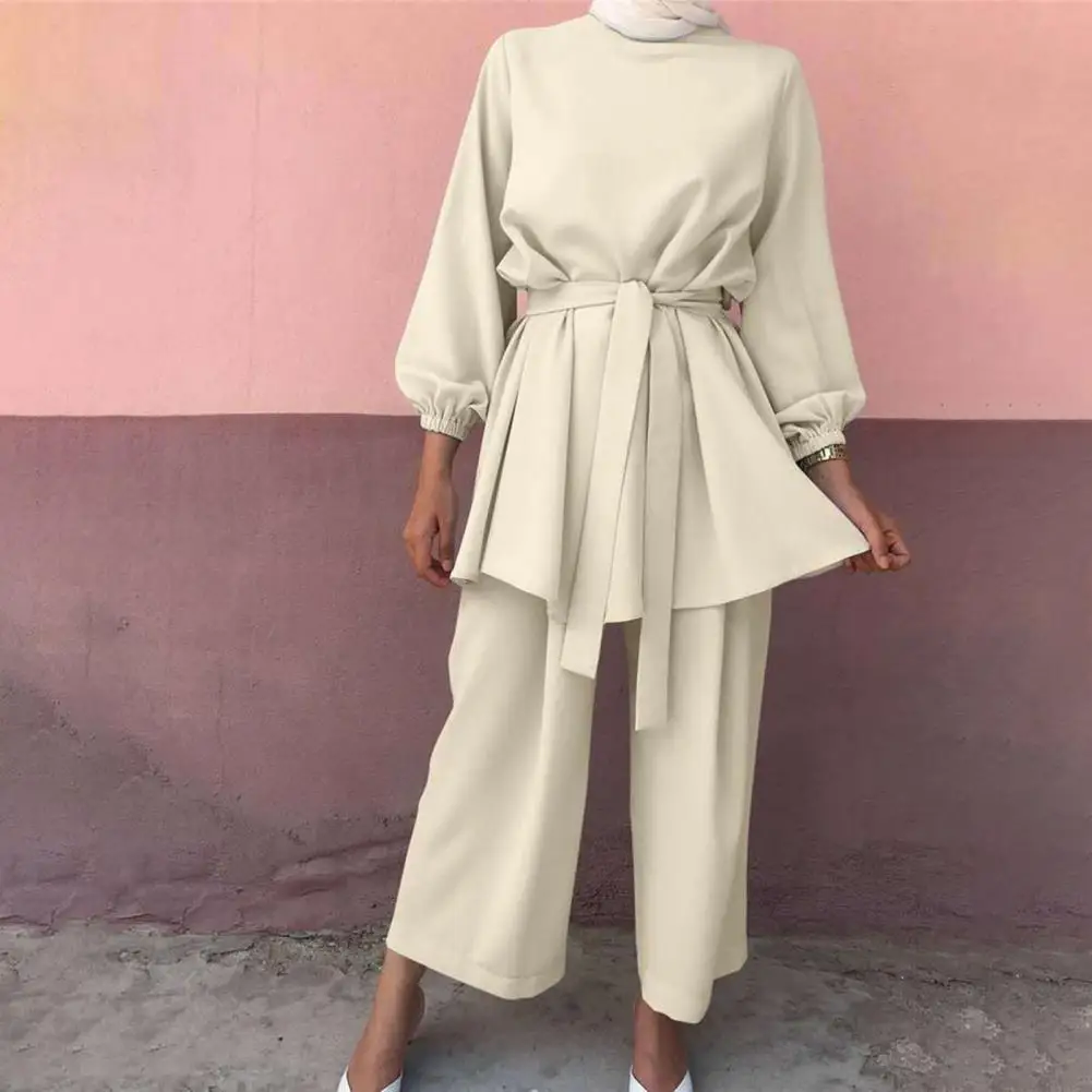 Women Autumn Clothes Stylish Women's Top Pants Set with Belted Waist Long Sleeves Wide Leg Design for Commuting Daily Wear Loose