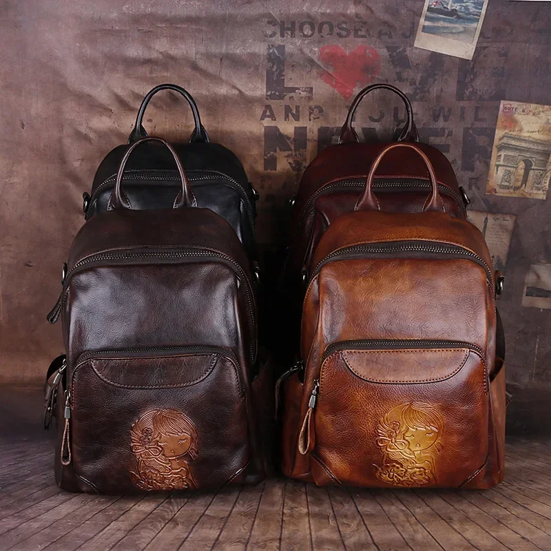 Retro Genuine Leather Backpack Women Bag 2024 New Female Vintage Handmade Embossed Nature Soft Cowhide Leisure Travel Bags Pack