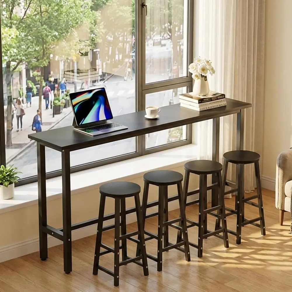 Counter-Height Pub Table Set for 4, Kitchen Dining, Small Spaces, Metal Frame, Black Console Table with Stools
