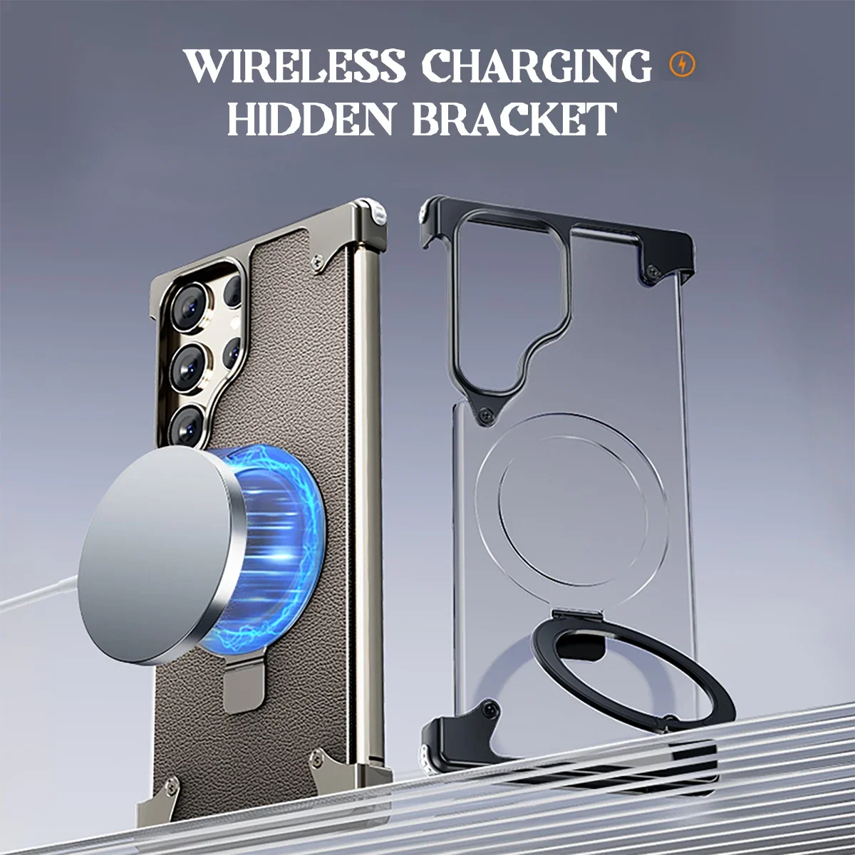 Magnetic Magsafe Aluminum Stand Framless Phone Case for Samsung S24 S23 Ultra Plus Metal Shell Frosted Matte Back Cover Funda