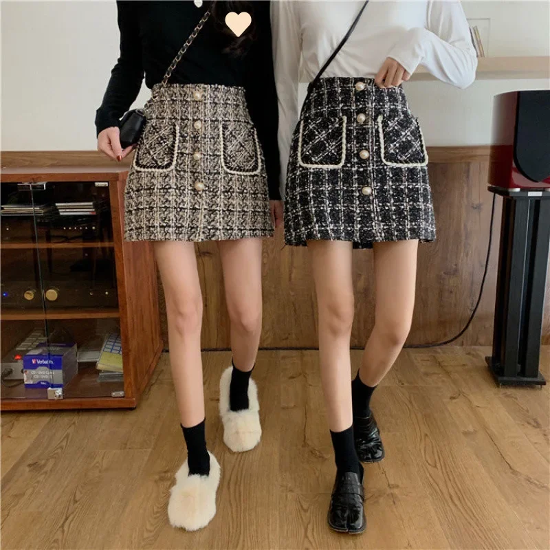 Korean small fragrant woolen plaid skirt skirt women's autumn and winter new fashion temperament high waist casual skirt