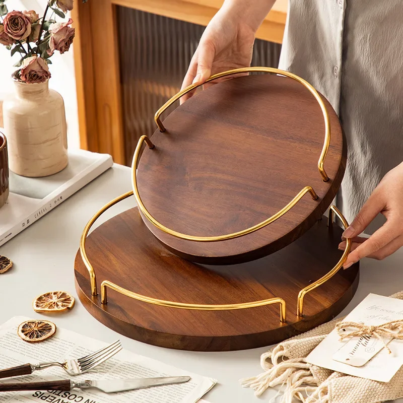 Metal Acacia Wood Circular Storage Plate Solid Wood Desktop Dessert Plate Fruit Tea Tray Cup Holder