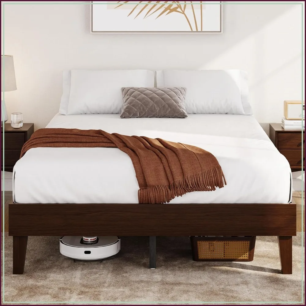 Full Bed Frame Natural Solid Wood Platform with Storage, Noise-Free, Easy Assembly