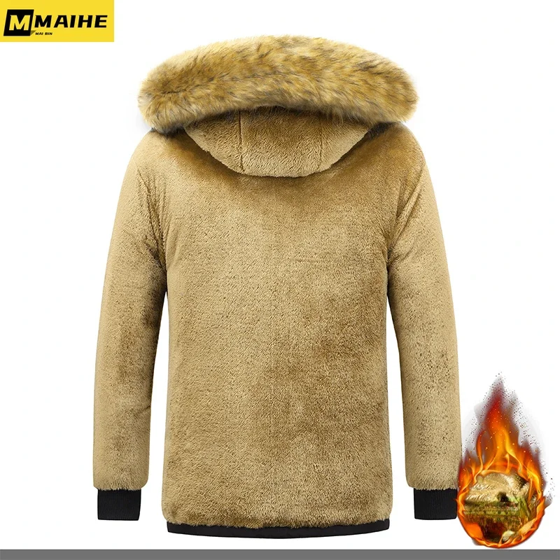 2022 New Men Winter Parka Fleece Lined Thick Warm Hooded Fur Collar Coat Male Size 5XL Plush Jacket Autumn Work Outwearing Black