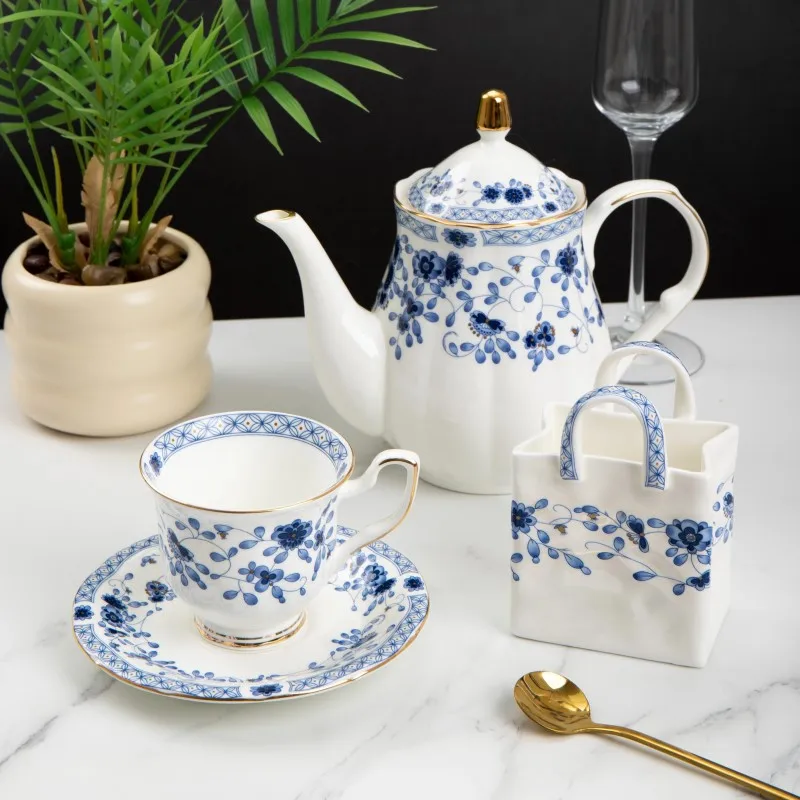 Gold stroke retro bone china coffee cups, plates, coffee pots, tableware, hotel blue and white bowls, plates, tableware
