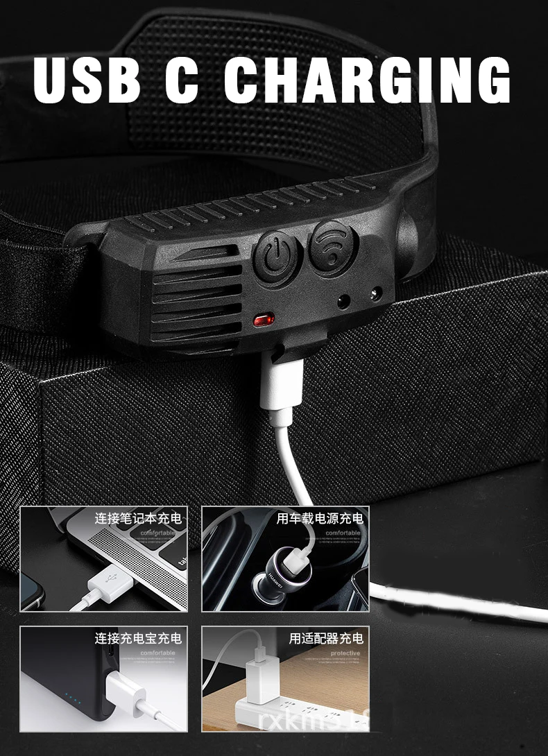 Lampe frontale COB à LED, torche Rechargeable par USB, 5 Modes d'éclairage avec batterie intégrée