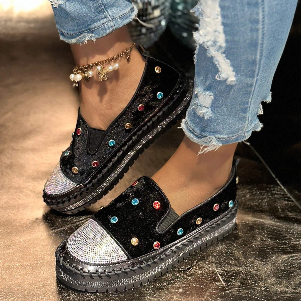 

Thick-soled Large-size High-quality Sequined Women's Shoes with Edge Design Flat Shoes Spring Autumn New Fashion Low-top Shoes
