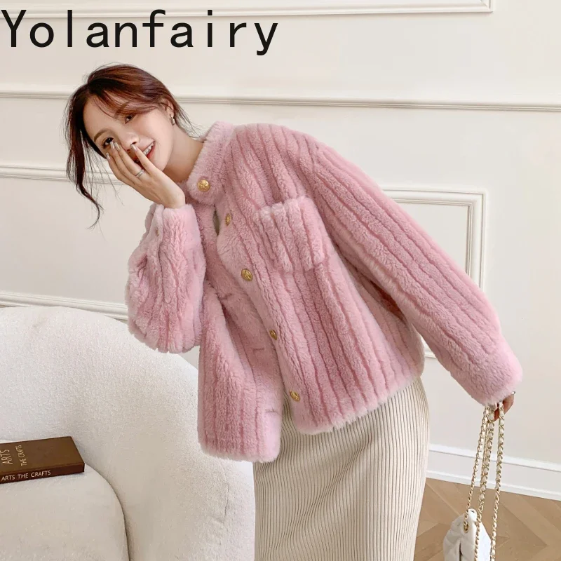 YOLANFAIRY Shearling Coat Real Fur Coat Womens New in Outwears Women Clothes Winter Stand Collar Coats Fashion Пальто Женское