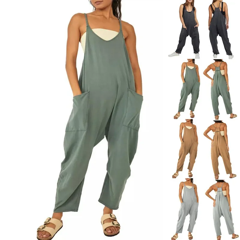 

Women's Spaghetti Long Length Pocket Jumpsuit Casual Sleeveless Loose Zip Back Jumpsuit