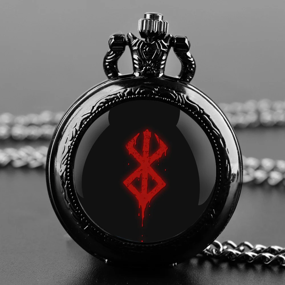 Orologio da tasca al quarzo nero con cupola in vetro Anime Berserk con quadrante con numeri arabi e catena resistente, regalo retrò per uomo e donna