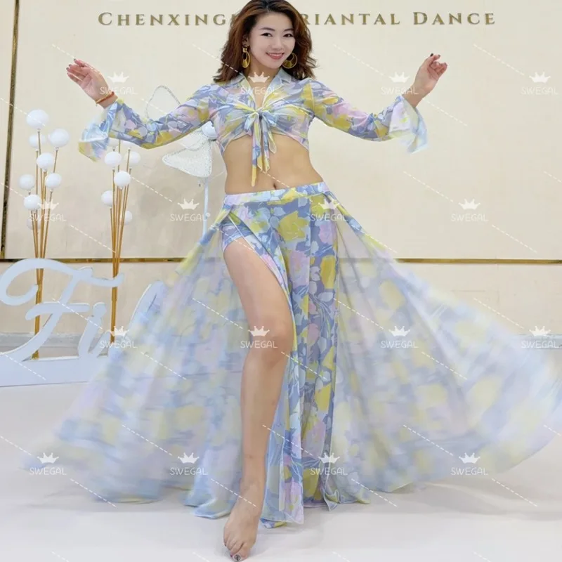 

Индивидуальные костюмы для танца живота Swegal, тренировочное платье, розовый, желтый, с принтом, сетчатая большая распашная юбка, комплект, костюм для восточного танца