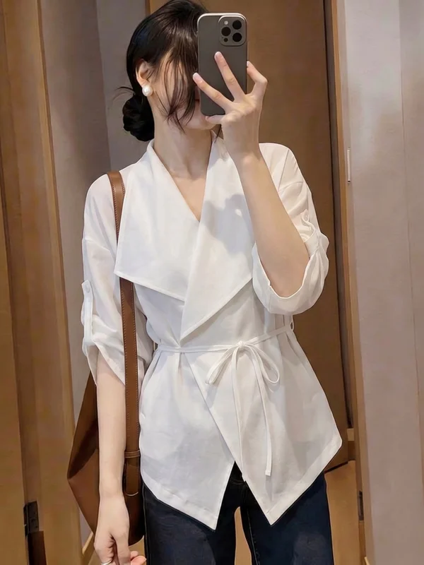 

Elegant Thin Shirt Shoulder Women plus Size Micro Plump Mm Mid-Length Waist-Cinching Top Commute Style Korean Loose Fit