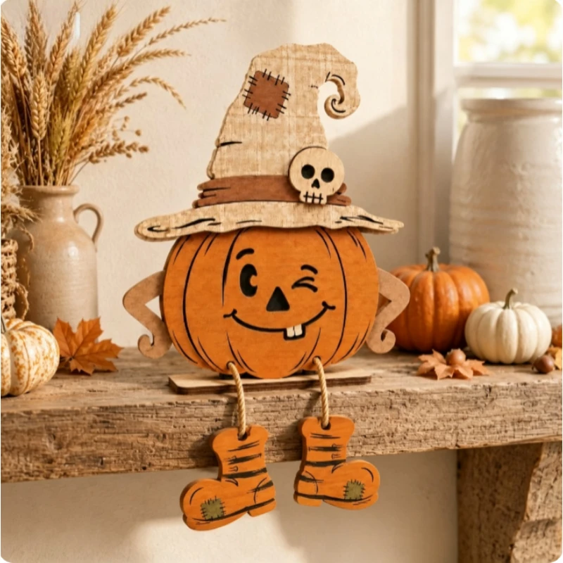 Halloween Wooden Pumpkin Witch Scarecrow & Ghost Figurines – Cute Spooky Home Tabletop Decor Ornament Collection