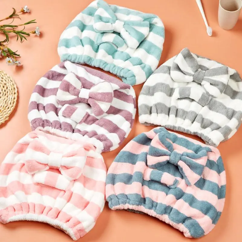 Women's Coral Velvet Dry Hair Cap Water-Absorbent Quick-Drying Striped Shower Towel Bow Princess Style Hair Accessory