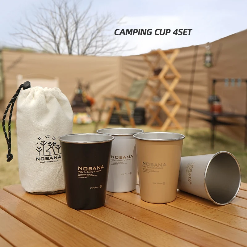 Outdoor Camping Water Bottle, Stainless Steel Beer Cup, Coffee Cup, Camping and Barbecue, Set of 4 Pcs